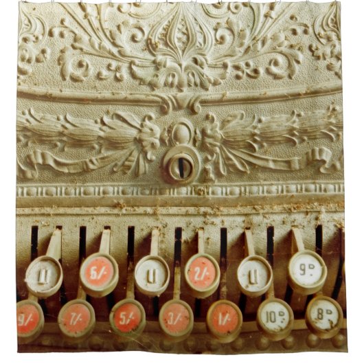 ヴィンテージレジ、ほこりとクモの巣で覆われる シャワーカーテン (正面)