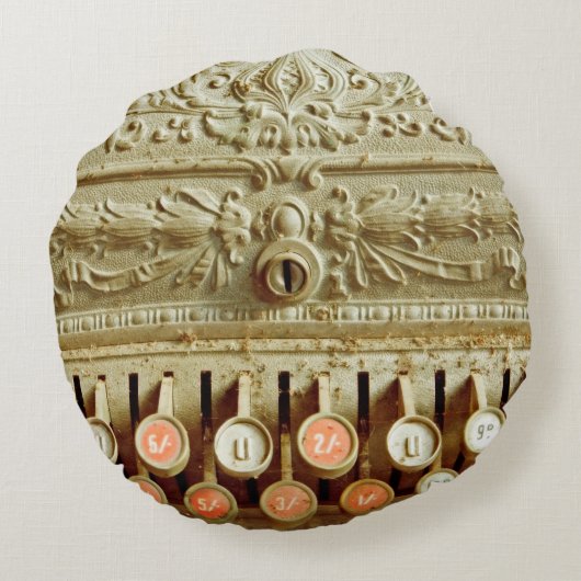 ヴィンテージレジ、ほこりとクモの巣で覆われる ラウンドクッション (裏面)