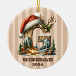 ヴィンテージレターGとベージュストライプのホリデーシーン セラミックオーナメント