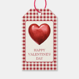 ヴィンテージレッドとクリームのギンガム ハート付き ギフトタグ