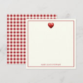 ヴィンテージレッドとクリームのギンガム ハート ノートカード (正面/裏面)