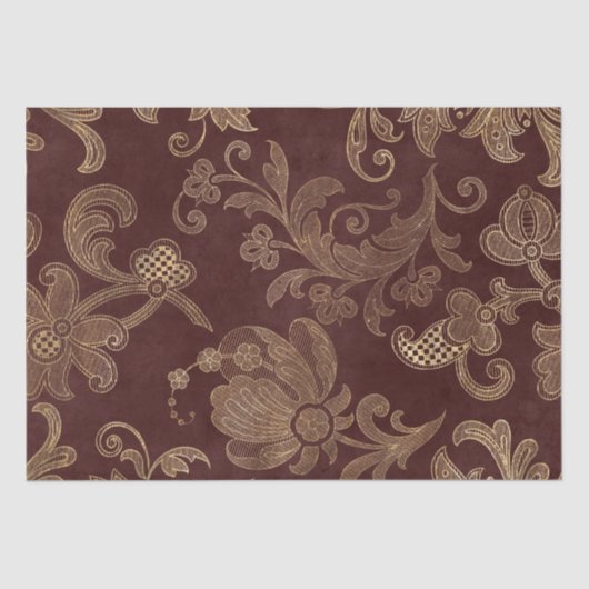 ヴィンテージレッドと金ゴールドフェイクフローラクリスマスベルベット 薄葉紙 (正面)