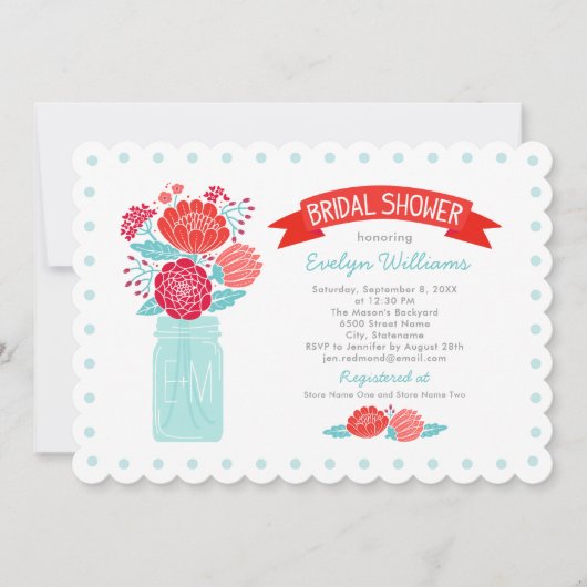 ヴィンテージレッドアクアフローラメーソンジャーブライダルシャワー 招待状 (正面)