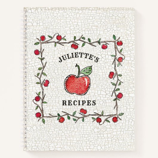 ヴィンテージレッドアップルつる植物モノグラムのクックブックレシピ ノートブック (正面)