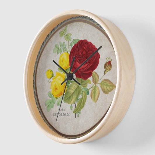 ヴィンテージレッドイエローローズフローラウォールクロック 壁時計 (傾斜)
