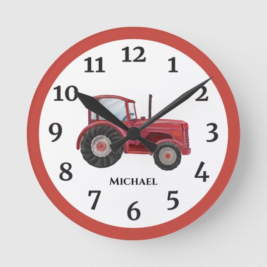 ヴィンテージレッドウォーターカラーファームトラクターラウンドクロック ラウンド壁時計 (正面)