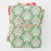 ヴィンテージレッドエレガントセージ緑金ゴールドダマスク ラッピングペーパーシート (インサイチュ)