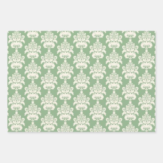 ヴィンテージレッドエレガントセージ緑金ゴールドダマスク ラッピングペーパーシート (正面)