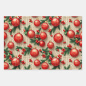 ヴィンテージレッドエレガント金ゴールドクリスマスオーナメントホリー ラッピングペーパーシート (正面2)