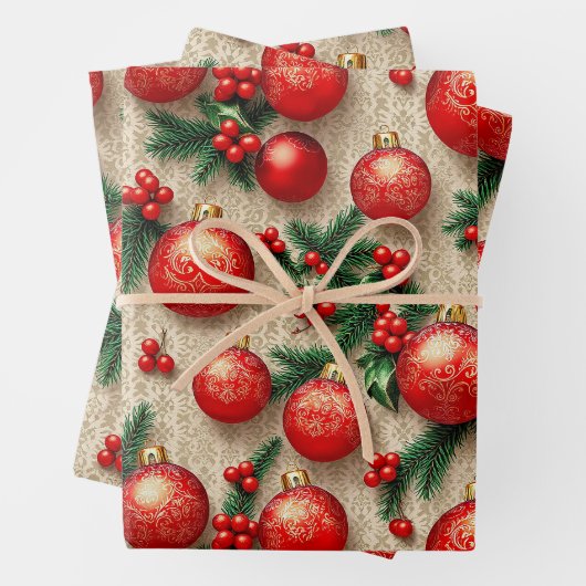 ヴィンテージレッドエレガント金ゴールドクリスマスオーナメントホリー ラッピングペーパーシート (インサイチュ)