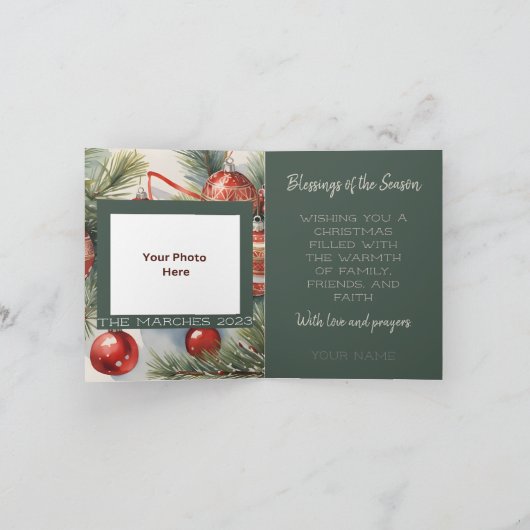 ヴィンテージレッドオーナメント写真&レシピクリスマス カード (内部)