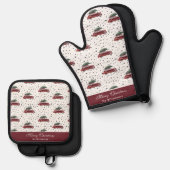 ヴィンテージレッドカーとクリスマスツリーパーソナライズされた 鍋つかみ&鍋敷きセット (正面/裏面)