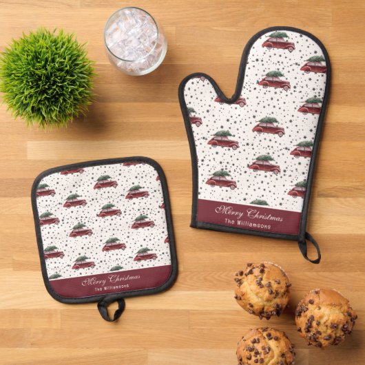ヴィンテージレッドカーとクリスマスツリーパーソナライズされた 鍋つかみ&鍋敷きセット (トップダウン)