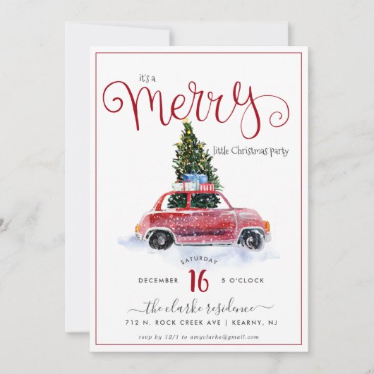 ヴィンテージレッドカーとクリスマスツリー招待状 招待状 (正面)