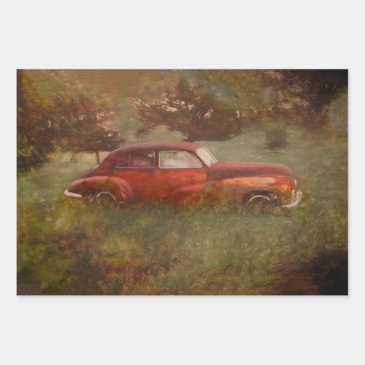 ヴィンテージレッドカーアンティークオールドア素朴ートデクページ ラッピングペーパーシート (正面)