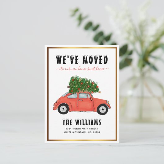 ヴィンテージレッドカークリスマスツリーレッドスクリプト動く 案内ポストカード (スタンド正面)