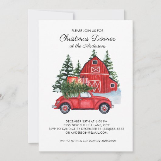 ヴィンテージレッドカーバーンクリスマスツリーディナー 招待状 (正面)