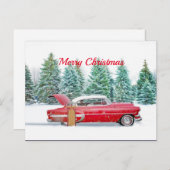 ヴィンテージレッドカー雪そりクリスマス ポストカード (正面/裏面)