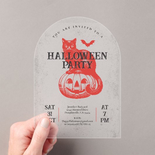 ヴィンテージレッドキャットカボチャハローウィンパーティ アクリル招待状 (インサイチュ (ポータブル))