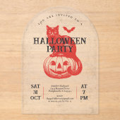 ヴィンテージレッドキャットカボチャハローウィンパーティ アクリル招待状 (正面)