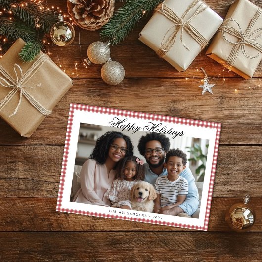 ヴィンテージレッドギンガムホリデーフォト シーズンカード