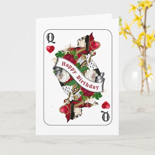 ヴィンテージレッドクイーンハート誕生日 カード (黄色い花)