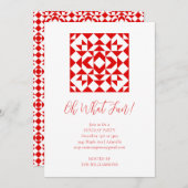ヴィンテージレッドクリスマスキルトフェスティバルホリデーパーティー 招待状 (正面/裏面)