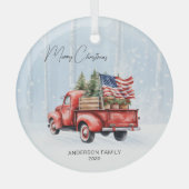 ヴィンテージレッドクリスマストパーソナライズされたラック米国国旗 ガラスオーナメント (正面)
