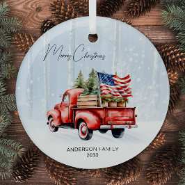 ヴィンテージレッドクリスマストパーソナライズされたラック米国国旗 ガラスオーナメント
