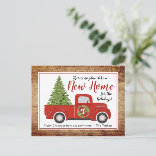 ヴィンテージレッドクリスマストラックの新しいアドレス移動 ポストカード (スタンド正面)