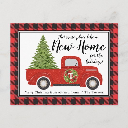 ヴィンテージレッドクリスマストラックの新しいアドレス移動 ポストカード (正面)