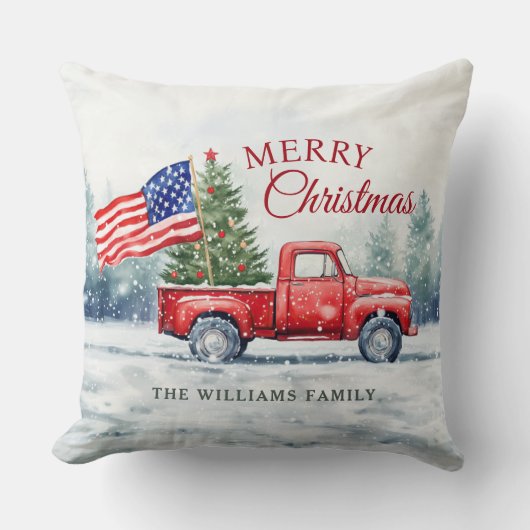 ヴィンテージレッドクリスマストラッククリスマスツリー国旗 クッション (正面)