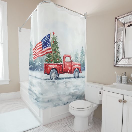 ヴィンテージレッドクリスマストラッククリスマスツリー国旗 シャワーカーテン (インサイチュ)