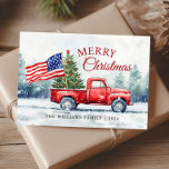ヴィンテージレッドクリスマストラッククリスマスツリー国旗 シーズンカード<br><div class="desc">クリスマスツリーとアメリカの旗を持つヴィンテージ赤いクリスマストラックのクリスマスカードは、アメリカへの愛を示し、友人や家族に休日の願いを送るフェスティバルの方法である。</div>