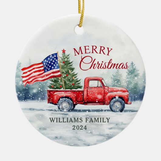 ヴィンテージレッドクリスマストラッククリスマスツリー国旗 セラミックオーナメント (正面)