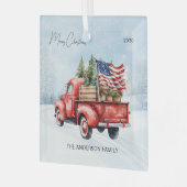 ヴィンテージレッドクリスマストラックファームハウス米国国旗 ガラスオーナメント (正面左)