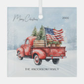 ヴィンテージレッドクリスマストラックファームハウス米国国旗 ガラスオーナメント (正面)