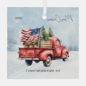 ヴィンテージレッドクリスマストラックファームハウス米国国旗 ガラスオーナメント (裏面)