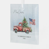 ヴィンテージレッドクリスマストラックファームハウス米国国旗 ガラスオーナメント (正面左)