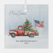 ヴィンテージレッドクリスマストラックファームハウス米国国旗 ガラスオーナメント (正面)