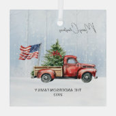 ヴィンテージレッドクリスマストラックファームハウス米国国旗 ガラスオーナメント (裏面)