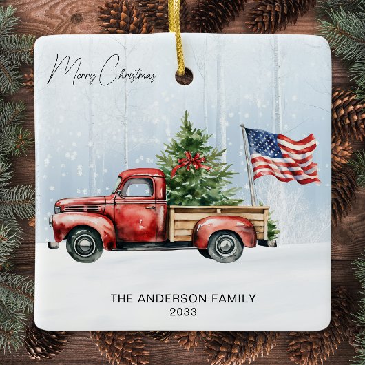 ヴィンテージレッドクリスマストラックファームハウス米国国旗 セラミックオーナメント