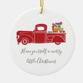 ヴィンテージレッドクリスマストラック写真 セラミックオーナメント (正面)