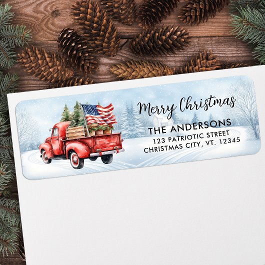 ヴィンテージレッドクリスマストラック国旗の差出人住所 ラベル