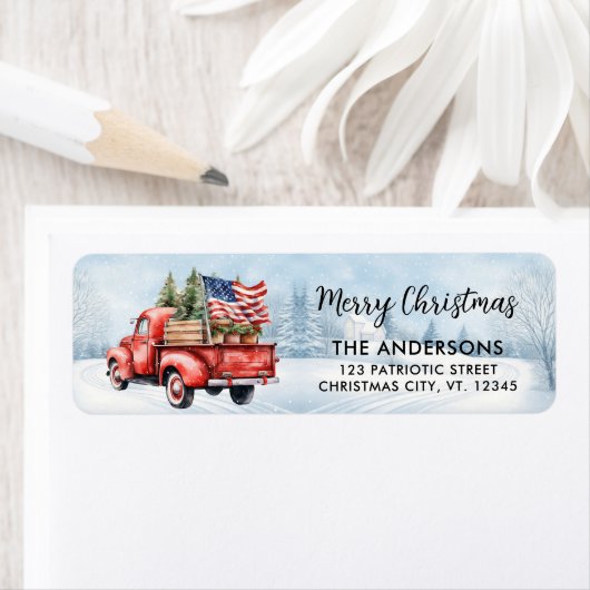 ヴィンテージレッドクリスマストラック国旗の差出人住所 ラベル (インサイチュ)