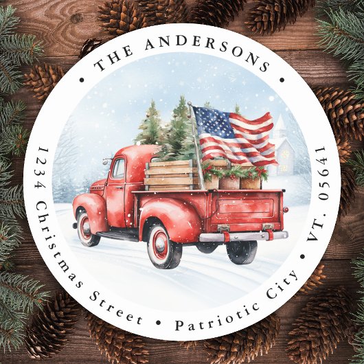 ヴィンテージレッドクリスマストラック米国国旗の差出人住所 ラウンドシール