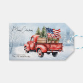 ヴィンテージレッドクリスマストラック米国国旗の愛国心 ギフトタグ (正面(横))