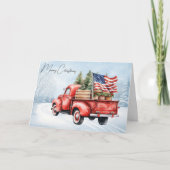 ヴィンテージレッドクリスマストラック米国国旗の愛国心 シーズンカード (正面)