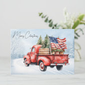ヴィンテージレッドクリスマストラック米国国旗の愛国心 シーズンカード (スタンド正面)