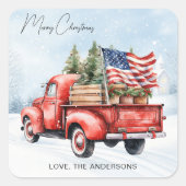 ヴィンテージレッドクリスマストラック米国国旗の愛国心 スクエアシール (正面)
